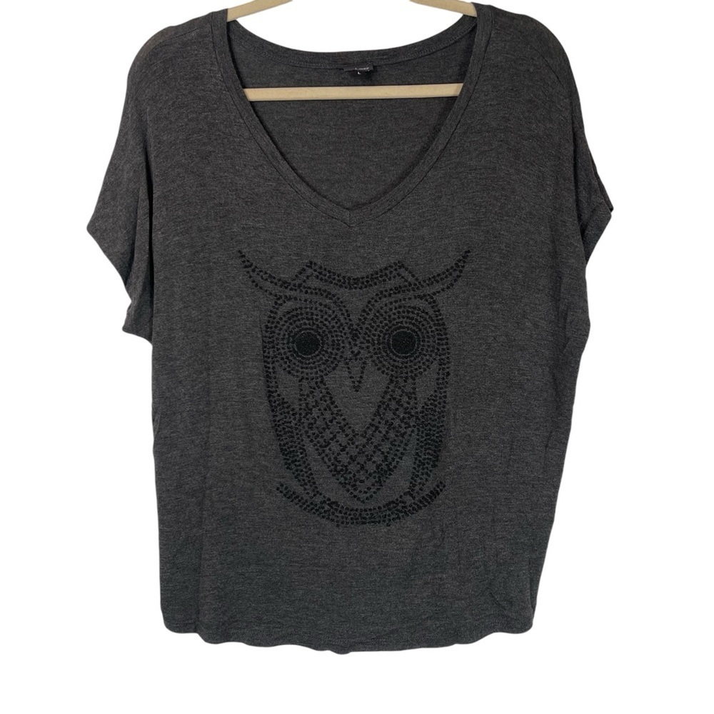 J-Ner Womens Grey Beaded Owl T-shirt Size Large Oversized Lagenlook Short Sleeve